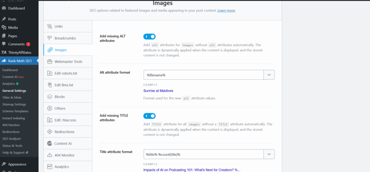 Rank Math SEO settings for image attributes