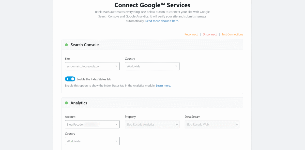 Connecting Google services for analytics