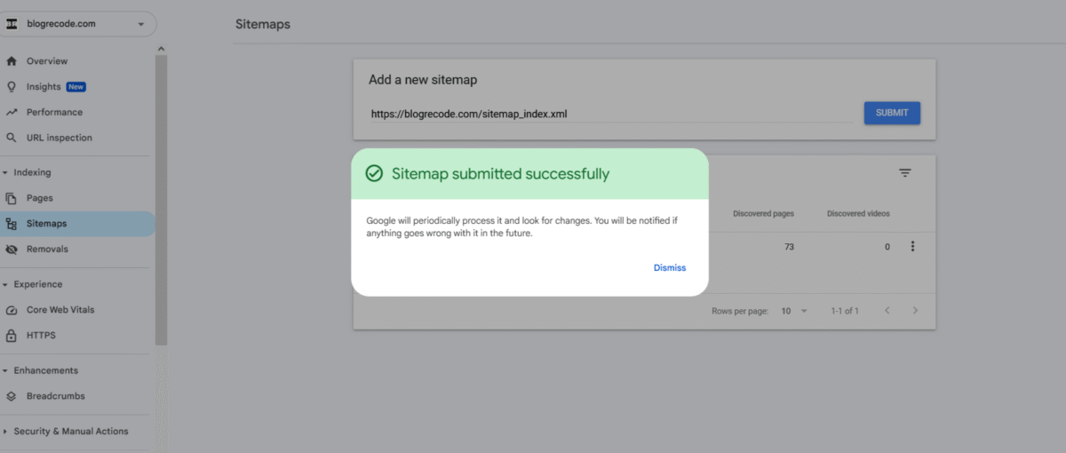 Sitemap submission confirmation message displayed