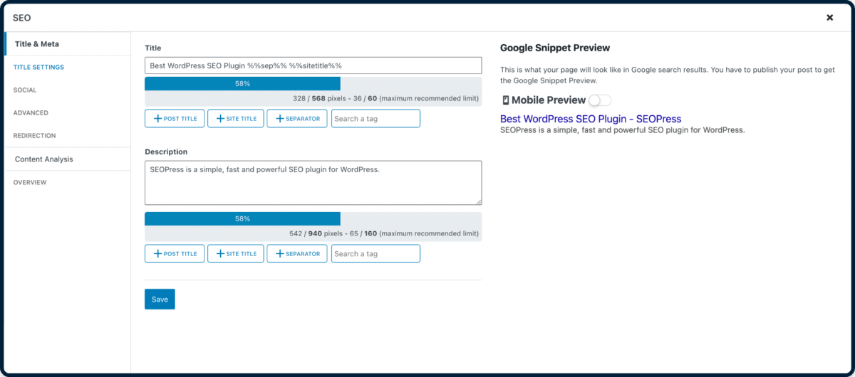 SEOPress SEO Title and Meta Tags