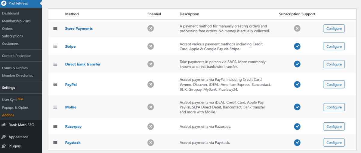 ProfilePress Payment Methods