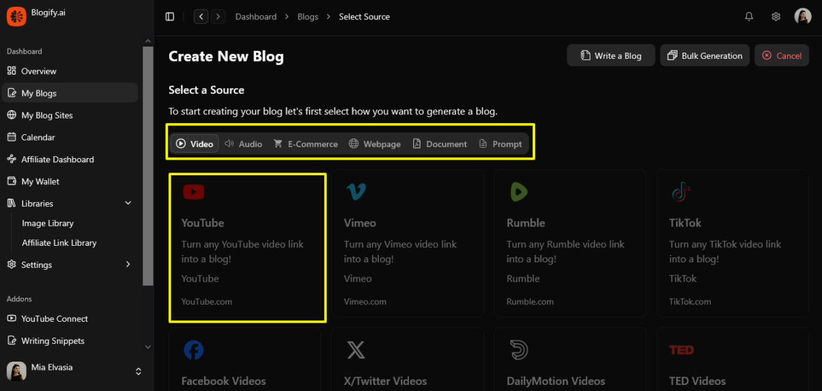 Blog creation source selection interface