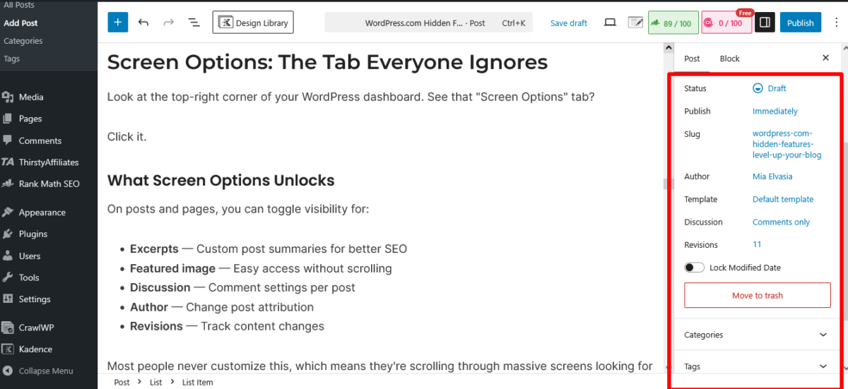 WordPress Screen Options