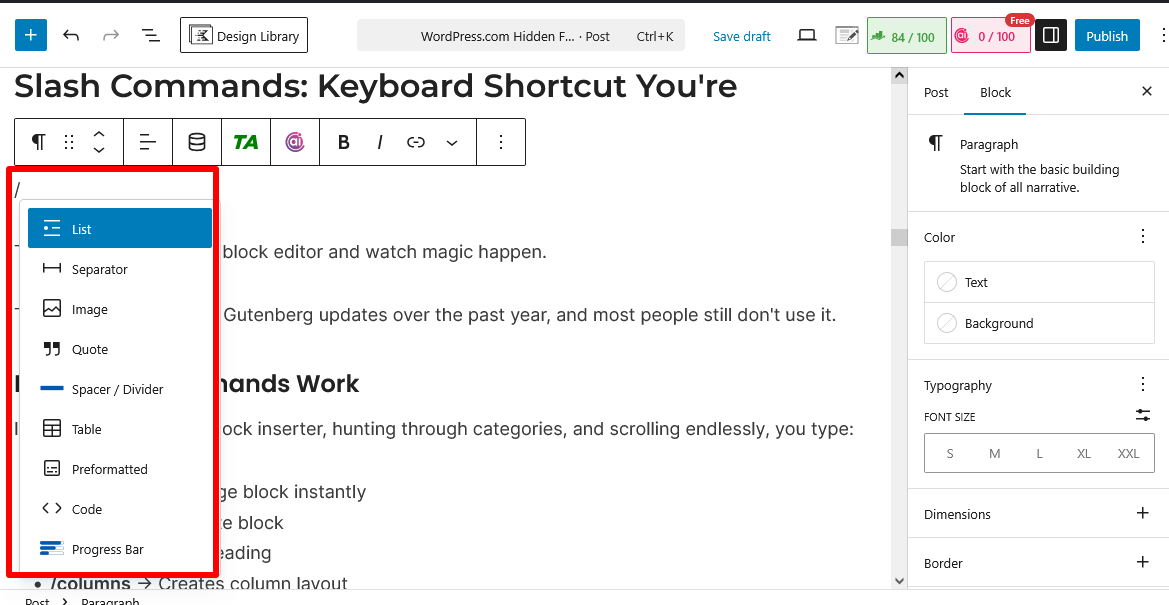 WordPress Slash Commands