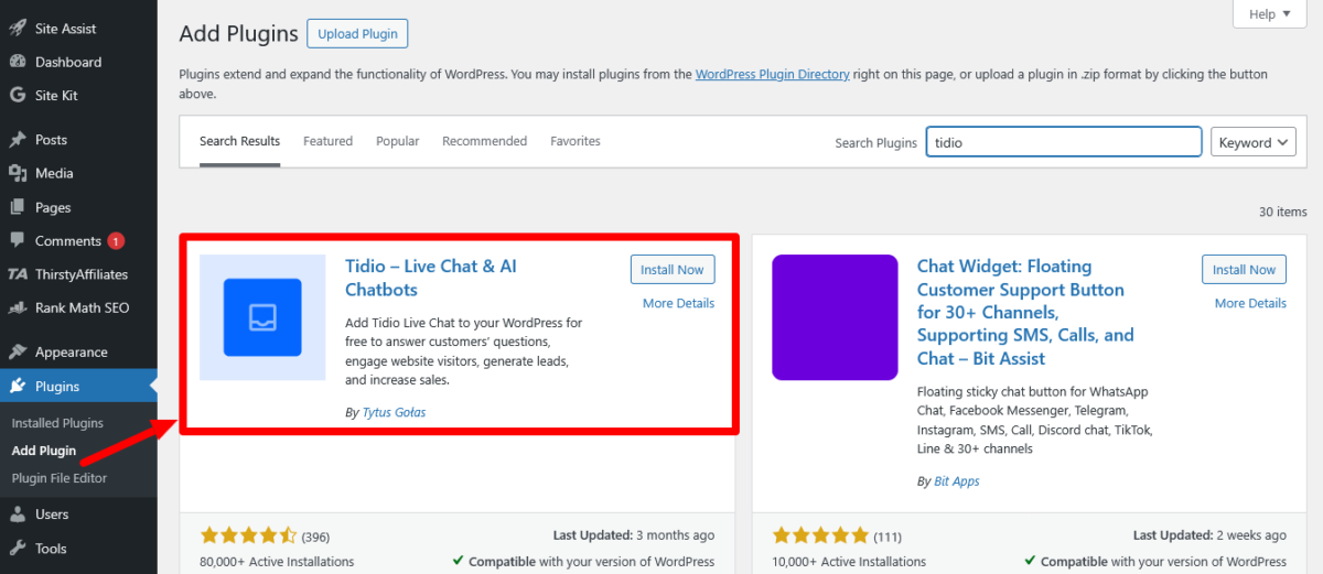 Install Tidio Widget WordPress