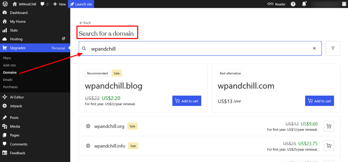 WordPress.com Domain Search