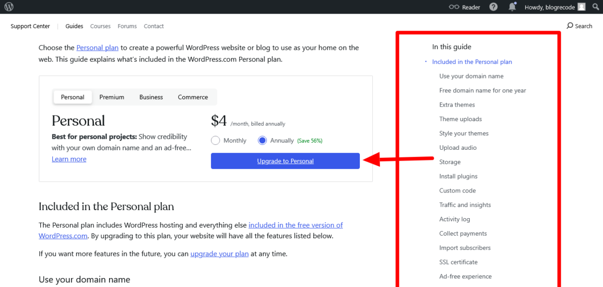 WordPress.com Personal Plan Features