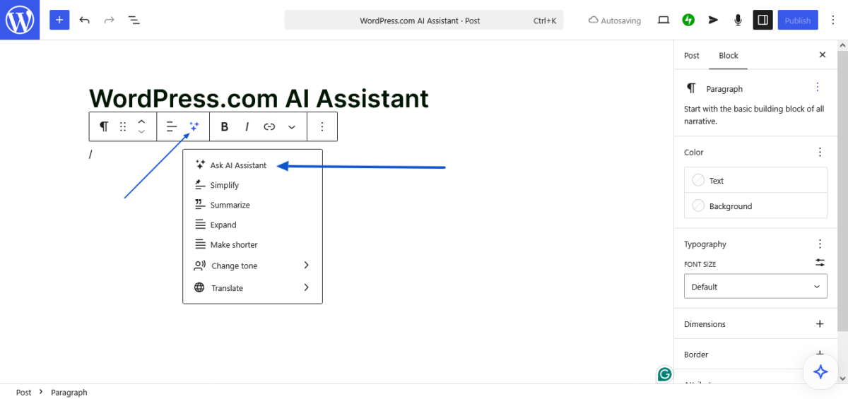 WordPress.com AI Assistant | Block Editor