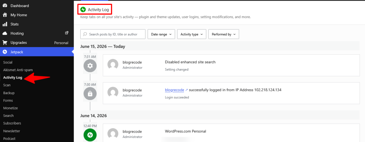 WordPress.com Activity Log
